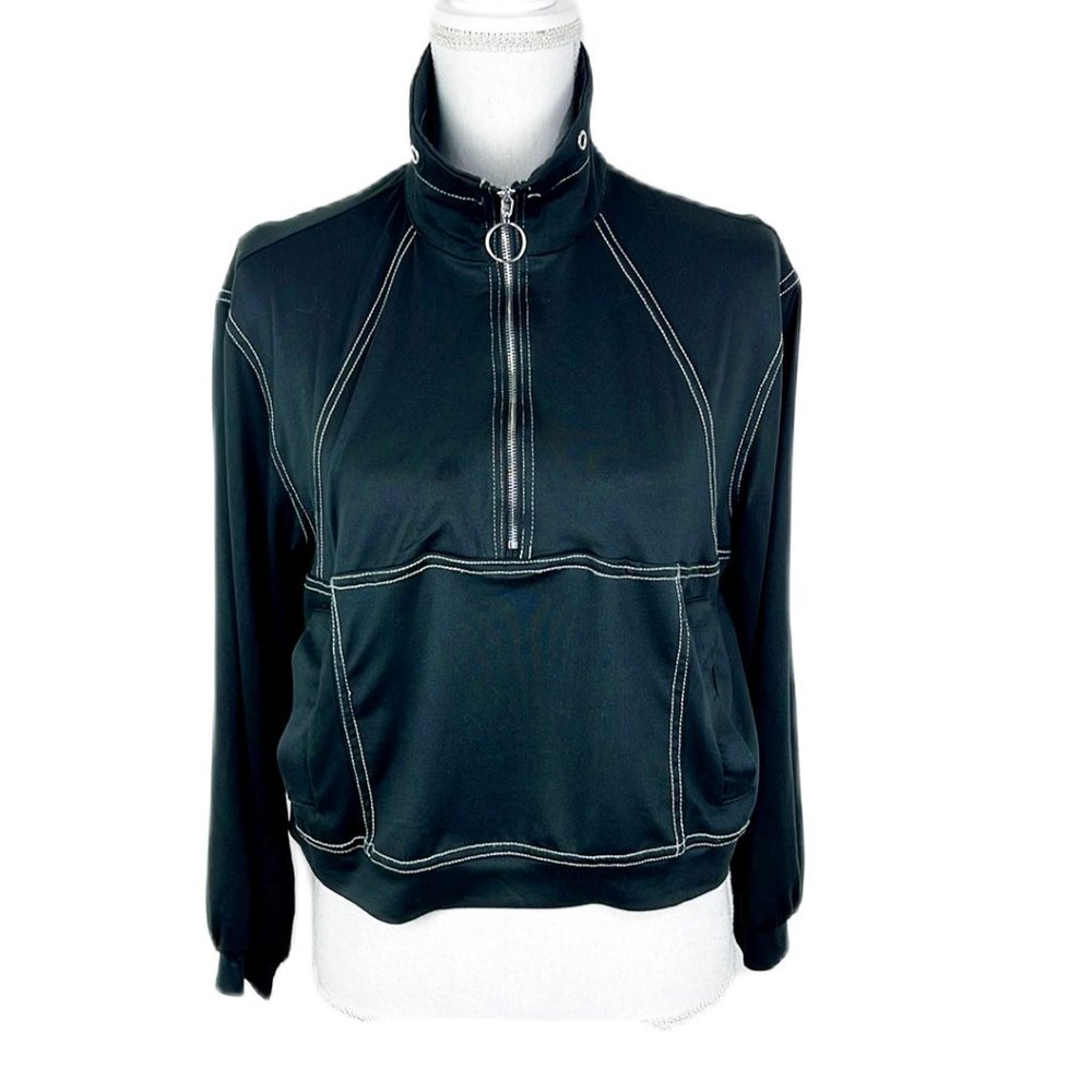 Rabbit Rose Sweater Women Large Black Stretch Quarter Zip Pullover Cropped Top